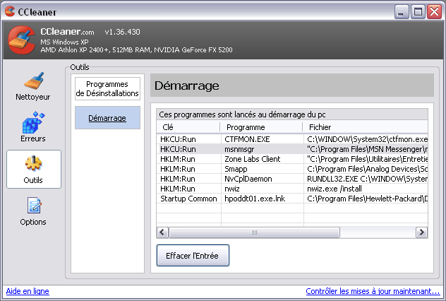  écran des outils de Ccleaner. Programme qui se lance au démarrage de l'ordinateur