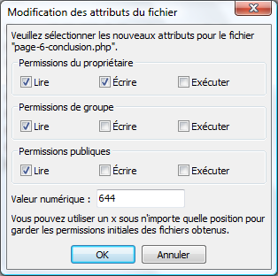 Fenêtre pour configurer un Chmod