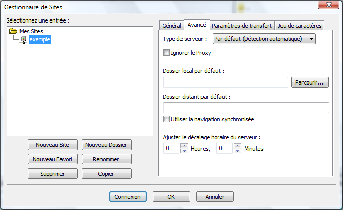 les options avancées du gestionnaire de site de FileZilla