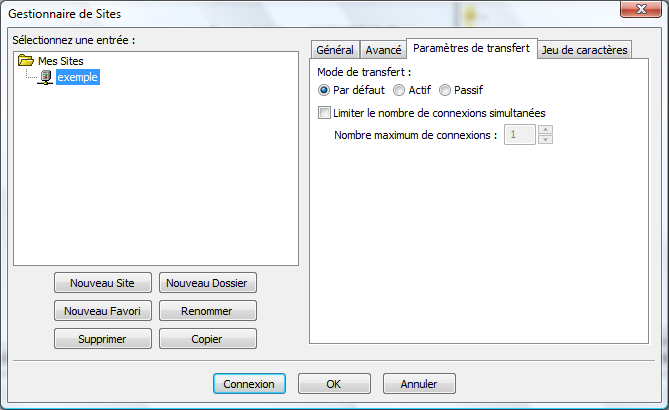les paramètres de transfert du gestionnaire de site de FileZilla