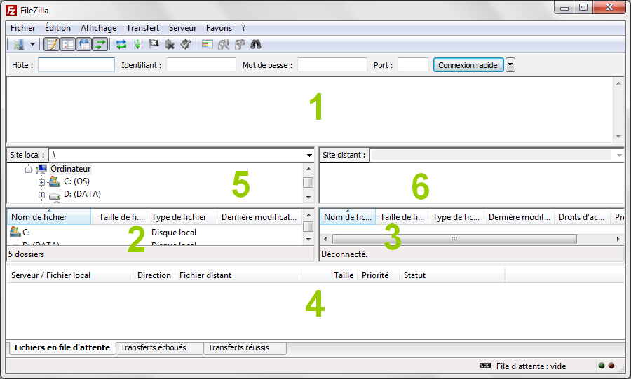 Printscreen de l'interface de FileZilla lors du lancement du logiciel
