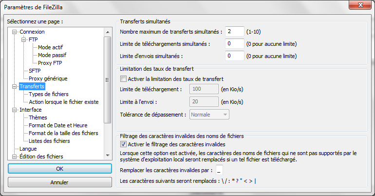 Printscreen de l'écran des options avancées de transferts de fichiers sous Filezilla