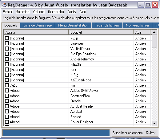 l'interface d'acceuil de RegCleaner