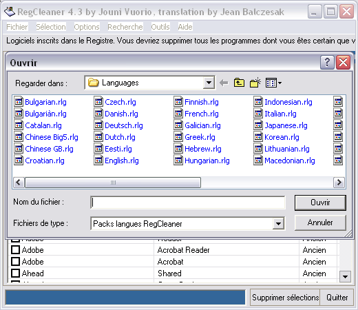 Choix de la langue de RegCleaner