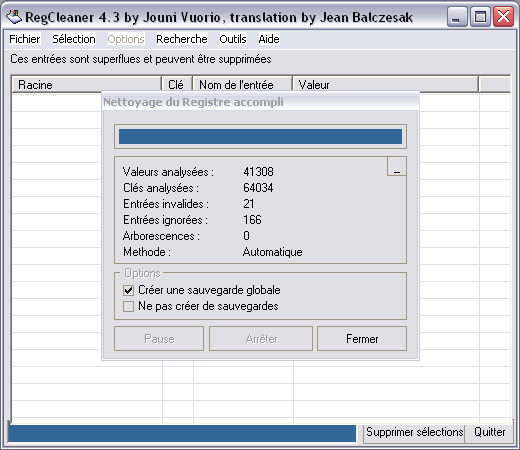 information sur l'analyse et le nettoyage fait par Regcleaner