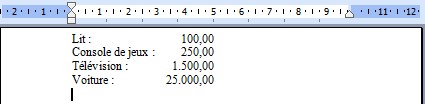 Word : mise en forme d'une liste de prix avec tabulations