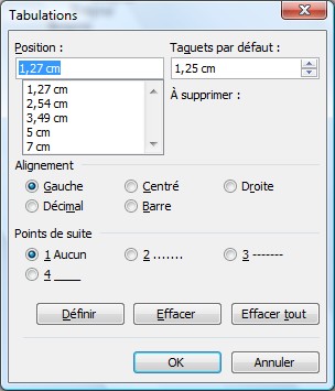 Word : paramètrage des tabulations